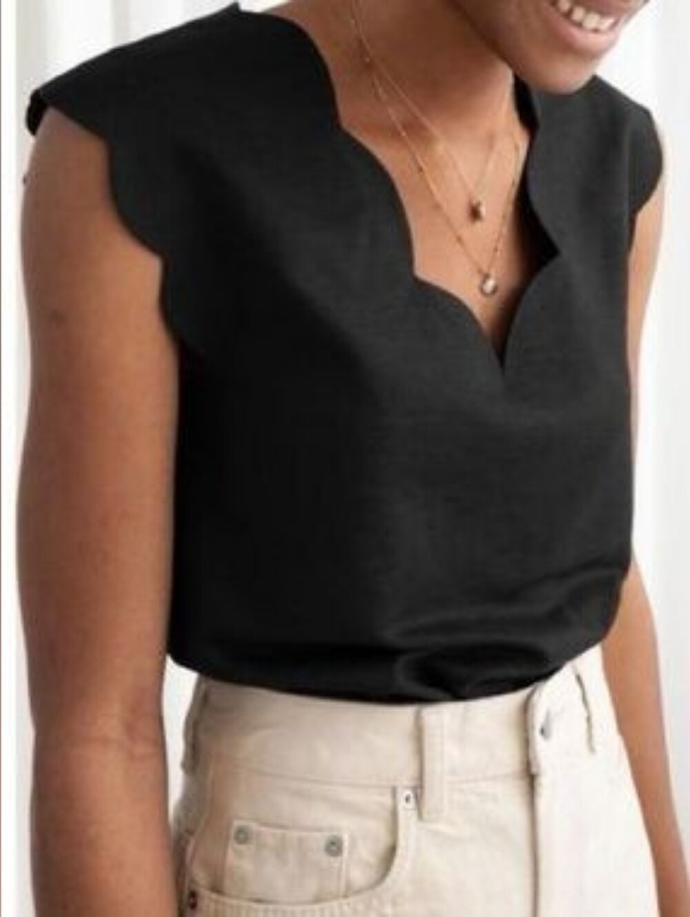 Paris Atelier & Other Stories Scalloped Edge Black Linen Cotton Top Size 12